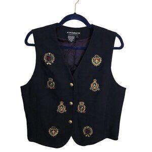Liz Claiborne Vintage Navy Wool Embroidered Crests Gold Button Vest Size 10